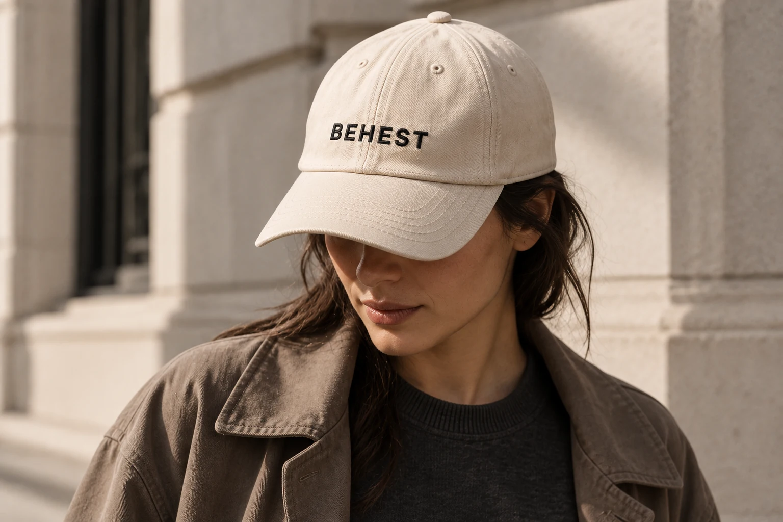 Bone BEHEST cap worn outdoors. Design concept.