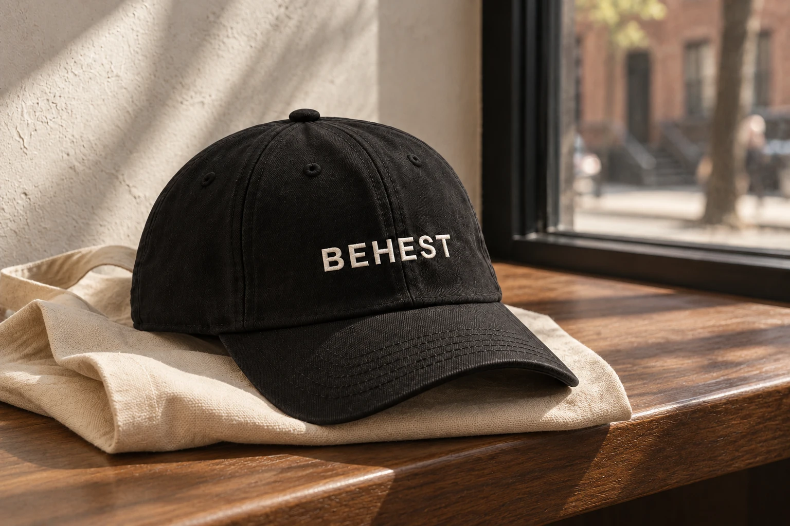 Black BEHEST cap on a canvas tote by a cafe window. Design concept.