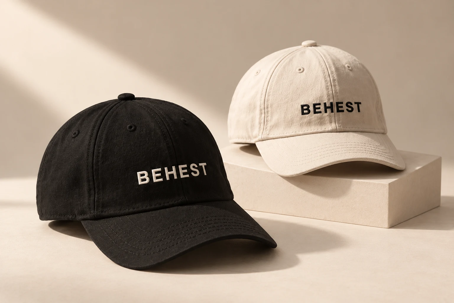 Black and bone BEHEST caps on a pale stone block.