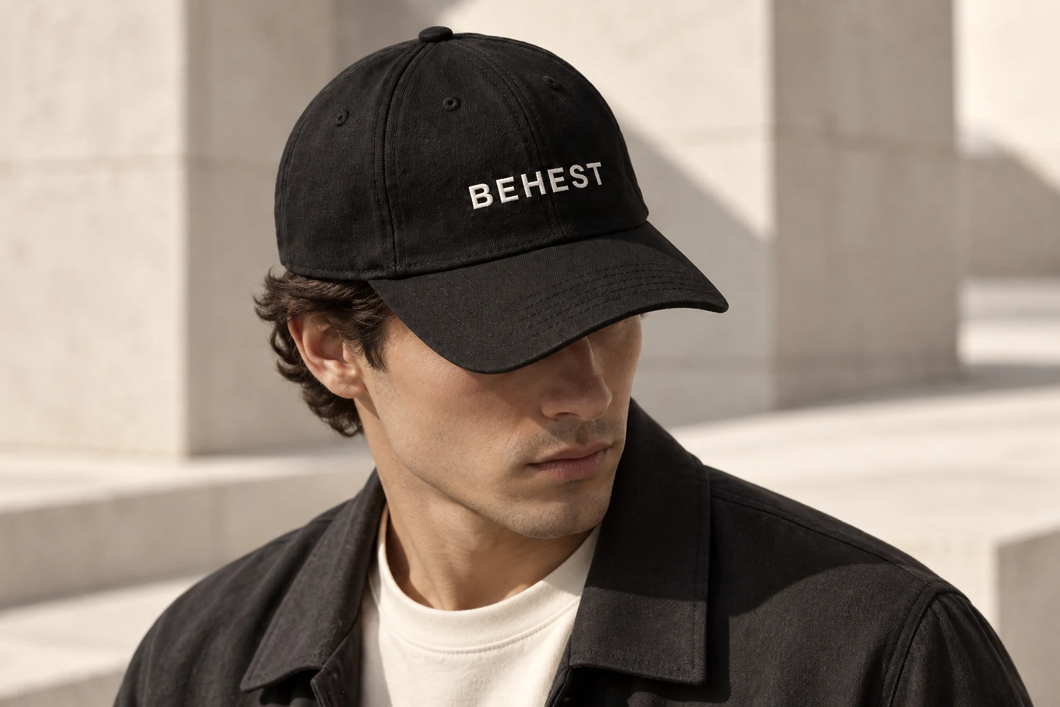 Black BEHEST cap worn with a charcoal jacket. Design concept.