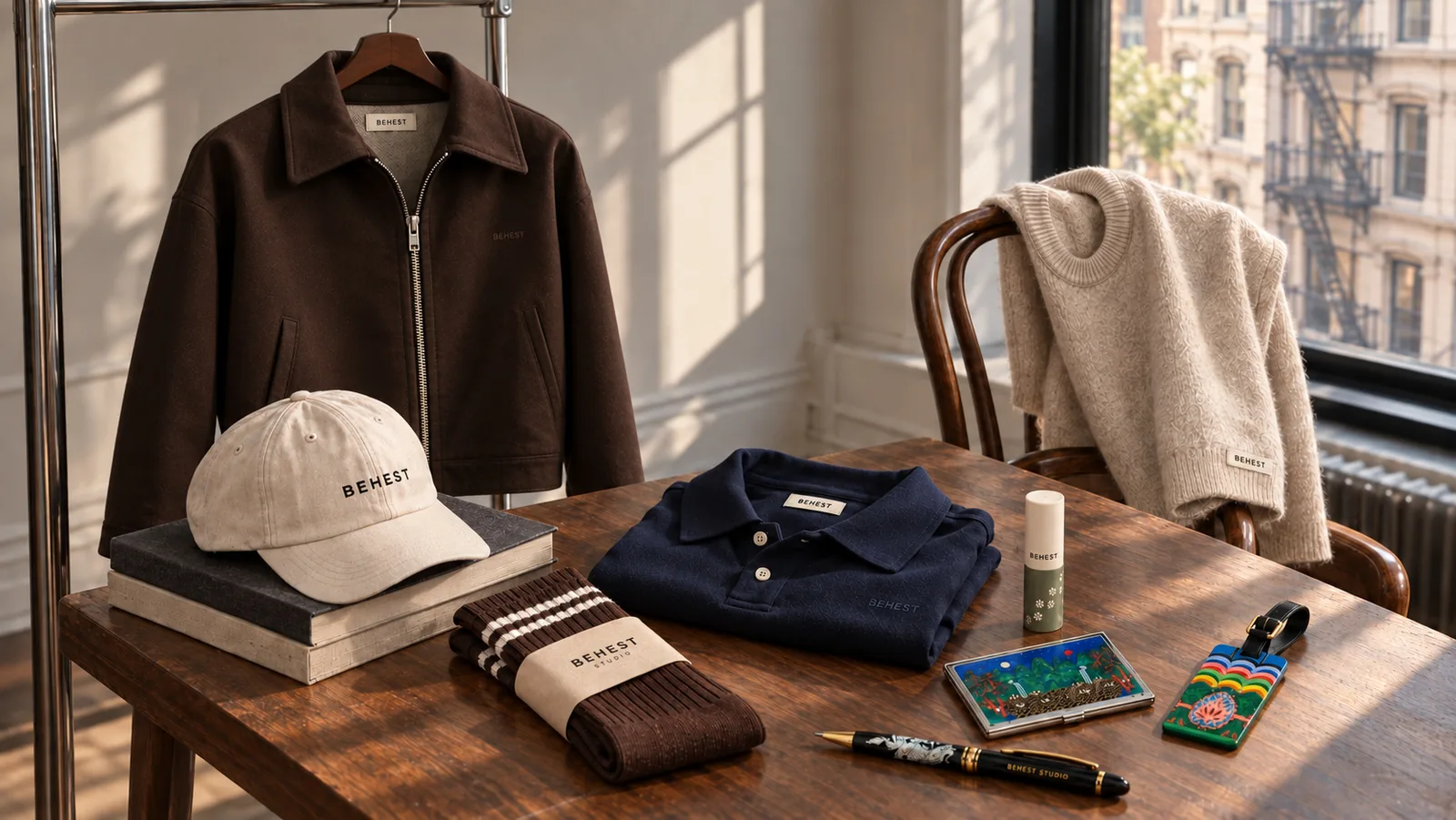 A collection of BEHEST-branded pieces on a walnut table by a New York window: a jacket, cap, socks, polo, knit sweater, balm, card case, pen and luggage tag. Design concept.