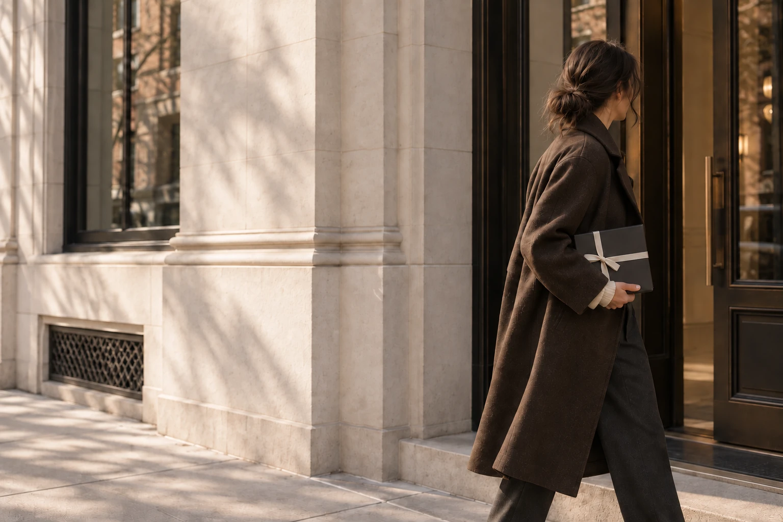 A woman in a brown wool coat carries a black gift box tied with an ivory ribbon past a limestone building entrance. Brand concept image.