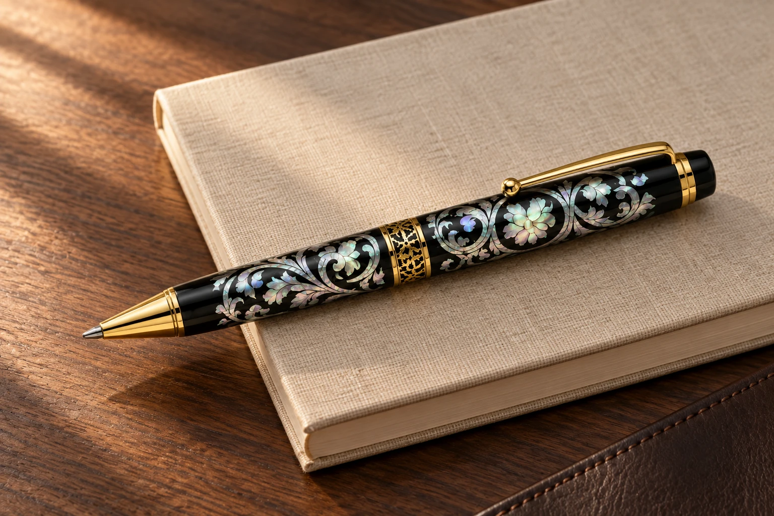 Mother-of-pearl pen resting on a linen notebook on a walnut desk. Design concept.