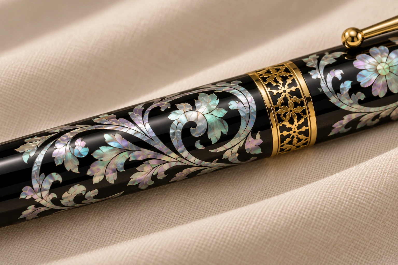 Close view of the mother-of-pearl floral inlay and gold-tone center band. Design concept.