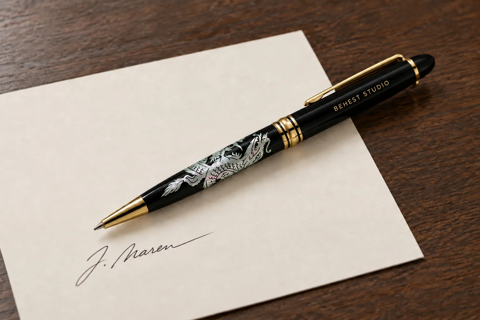Mother-of-pearl pen resting on a signed card on a walnut desk. Design concept.