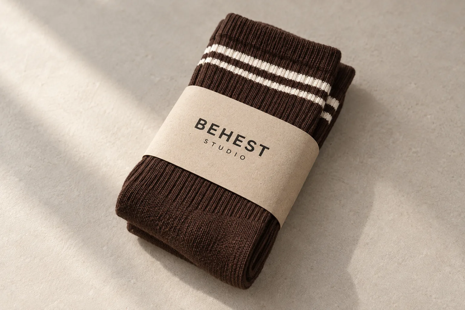 A pair of brown ribbed socks with two cream stripes, wrapped in a paper band printed with BEHEST STUDIO. Design concept.