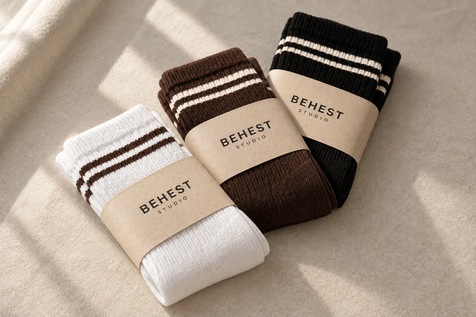 Three pairs of ribbed socks in ivory, brown and black, each wrapped in a paper band printed with BEHEST STUDIO. Design concept.
