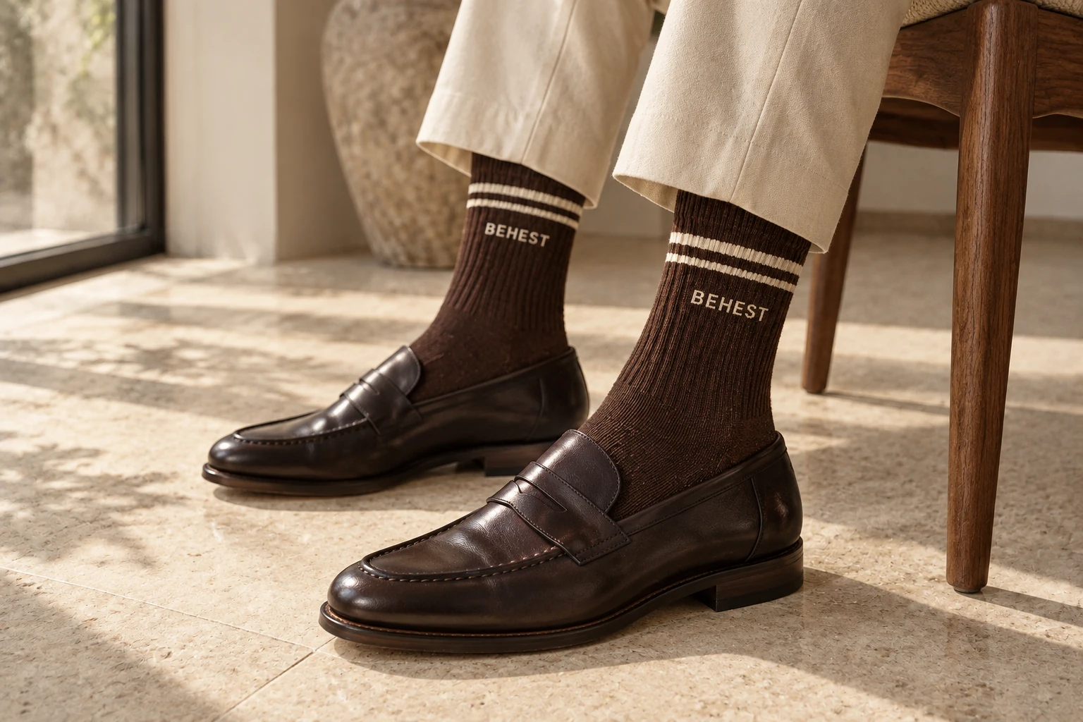 Brown BEHEST socks styled with espresso leather loafers and ecru trousers. Design concept.