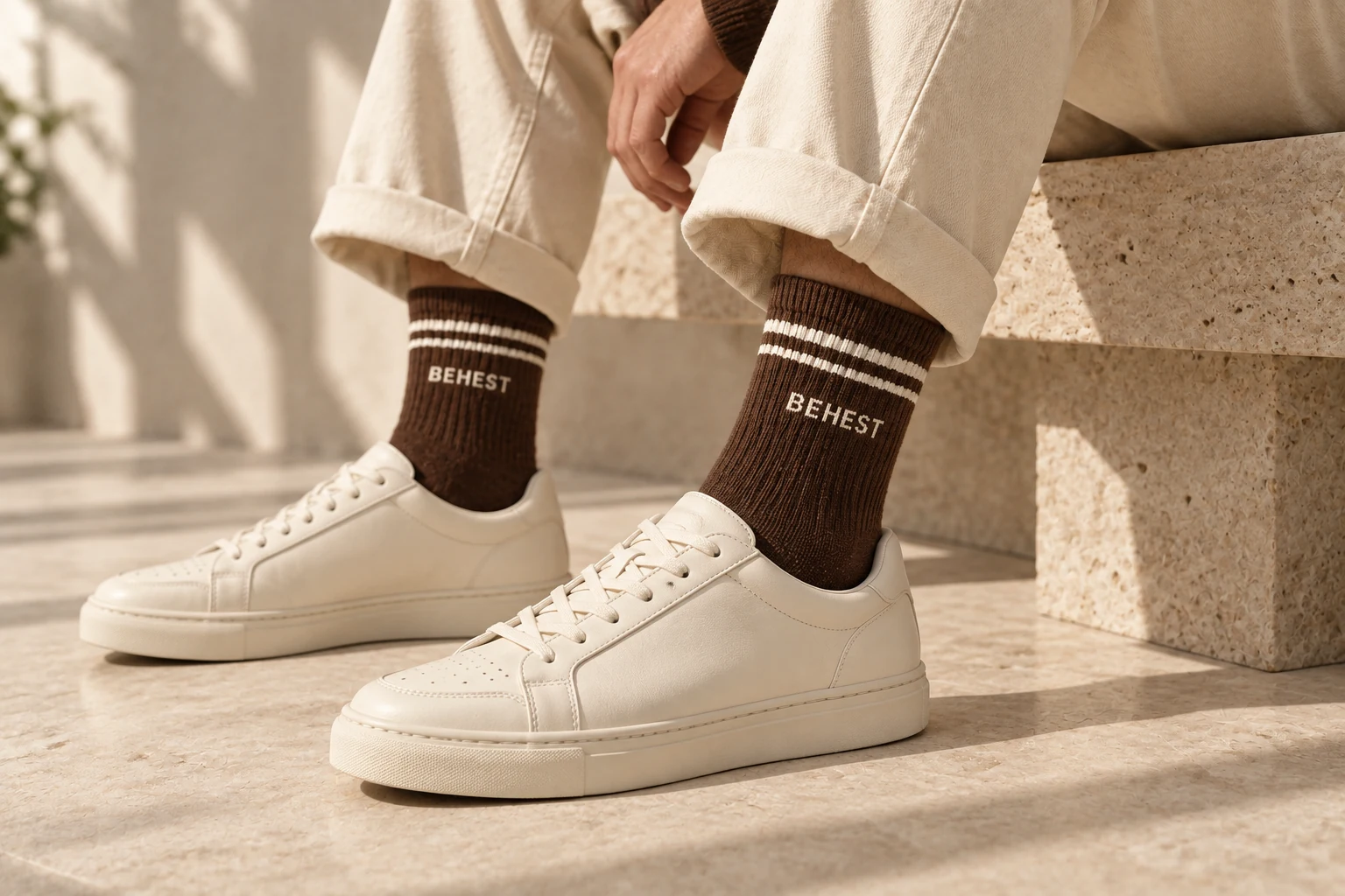 Brown BEHEST socks worn with cream sneakers. Design concept.