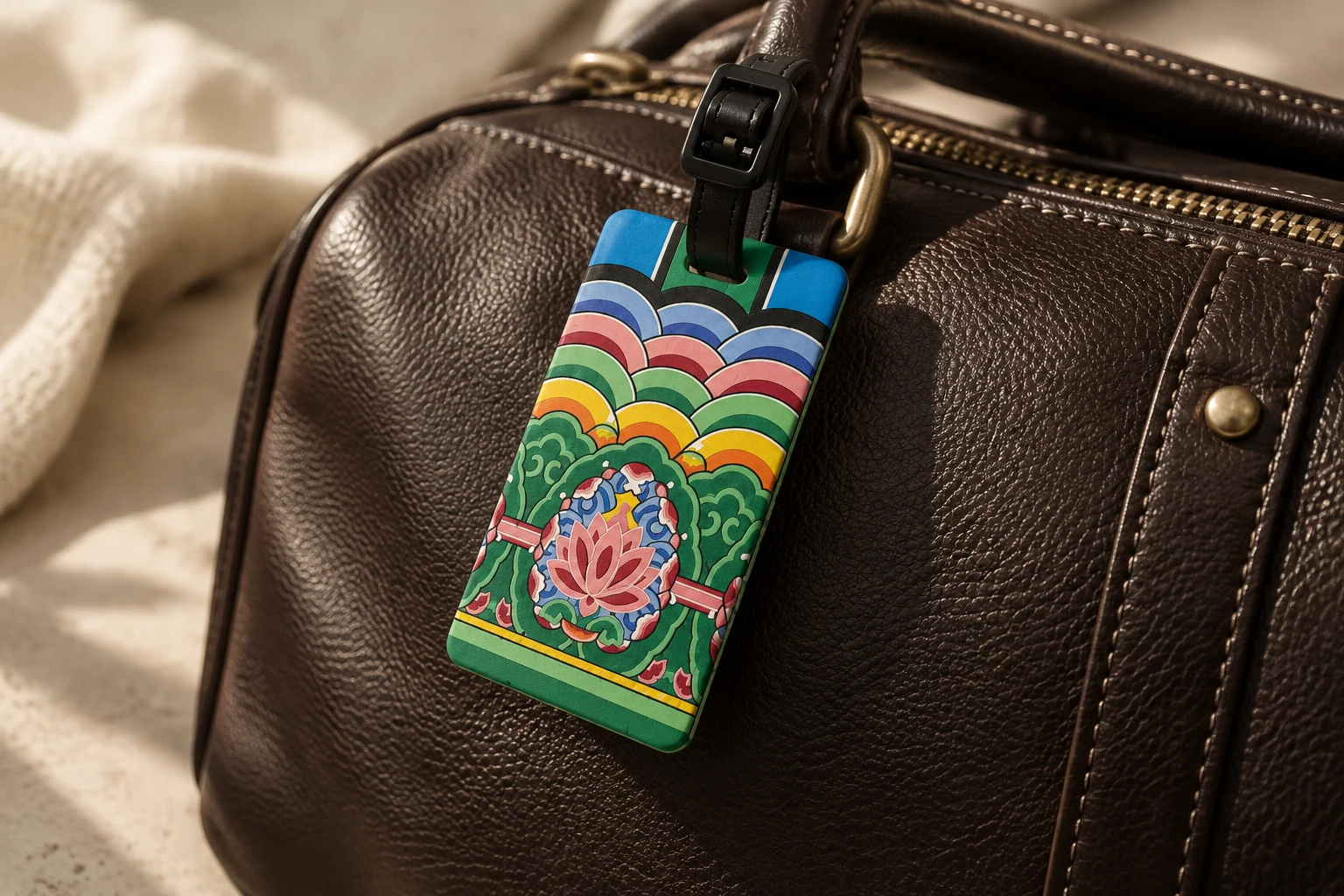 Palace-pattern luggage tag with a lotus and black strap on a leather bag.