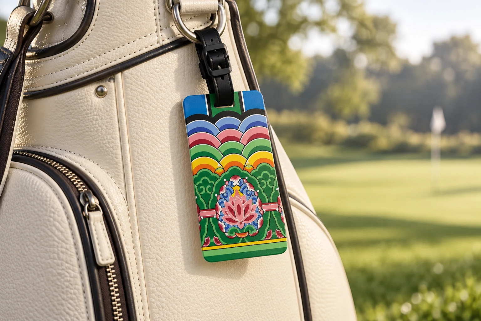 Dancheong lotus tag attached to an ivory golf bag. Design concept.