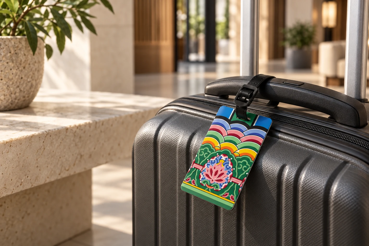 Dancheong lotus tag attached to a charcoal suitcase. Design concept.