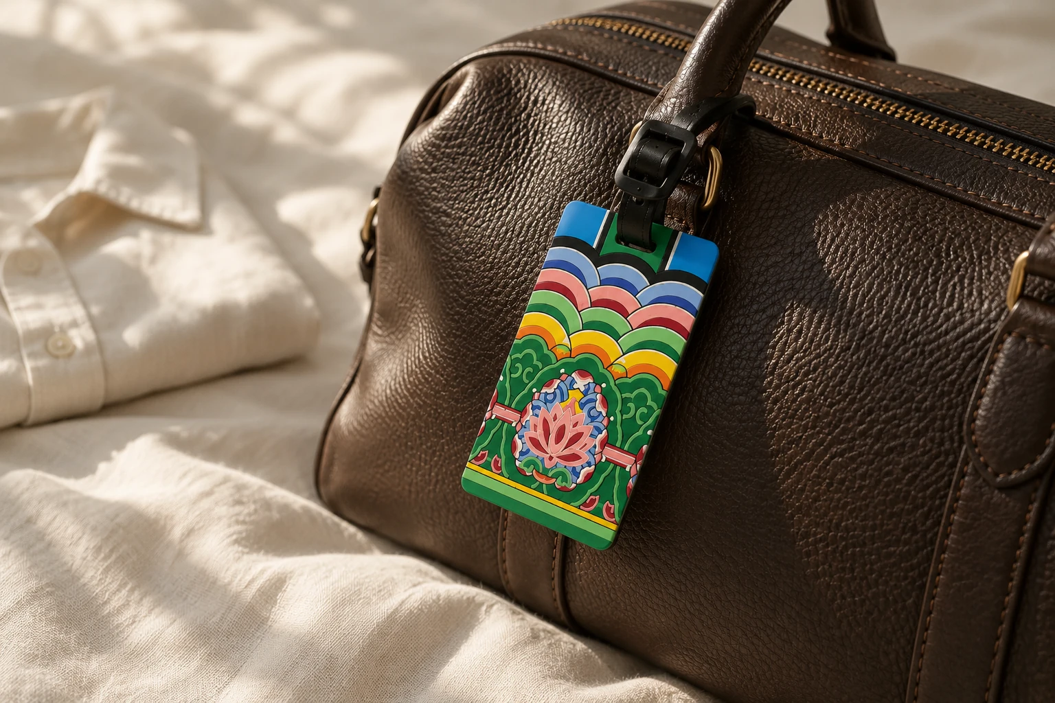 Dancheong lotus tag on a leather travel bag resting on linen. Design concept.